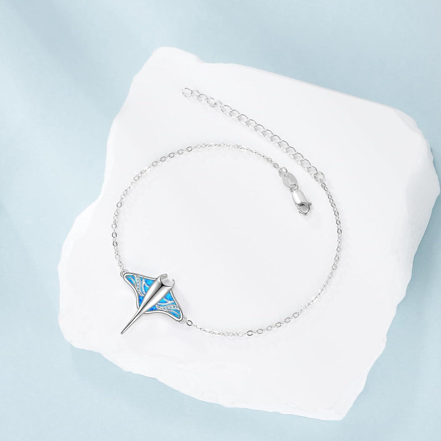 image:imageYFN Stingray Bracelet Sterling Silver Blue Opal Manta Ray Charm Bracelet Stingray Jewelry for Women Manta Ray Gifts for Mom