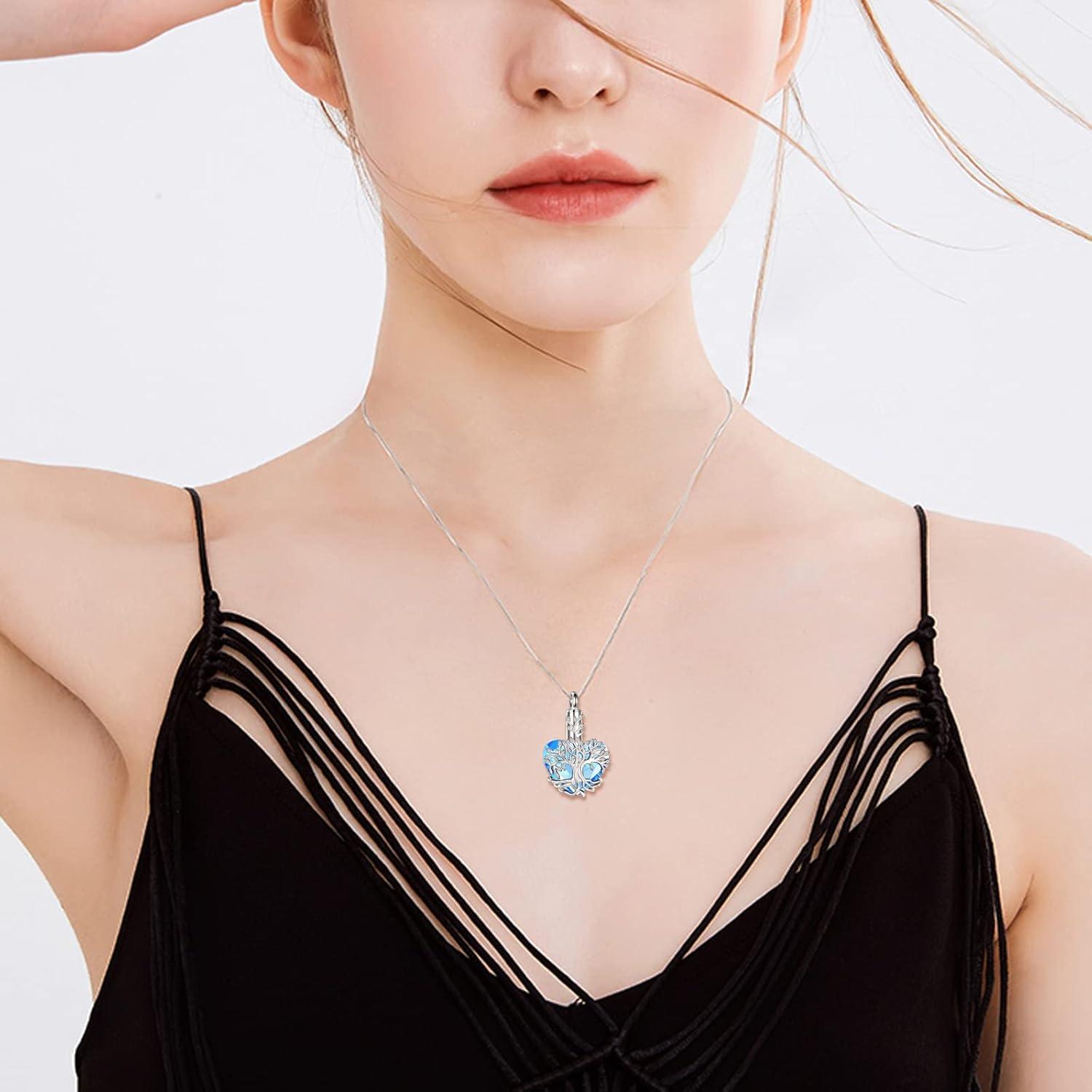 image:imageYFN Tree of Life Urn Necklace for Ashes Heart Cremation Jewelry Sterling Silver with Blue Crystal with Funnel Filler Jewelry Gifts for WomenAquamarineUrn Jewelry