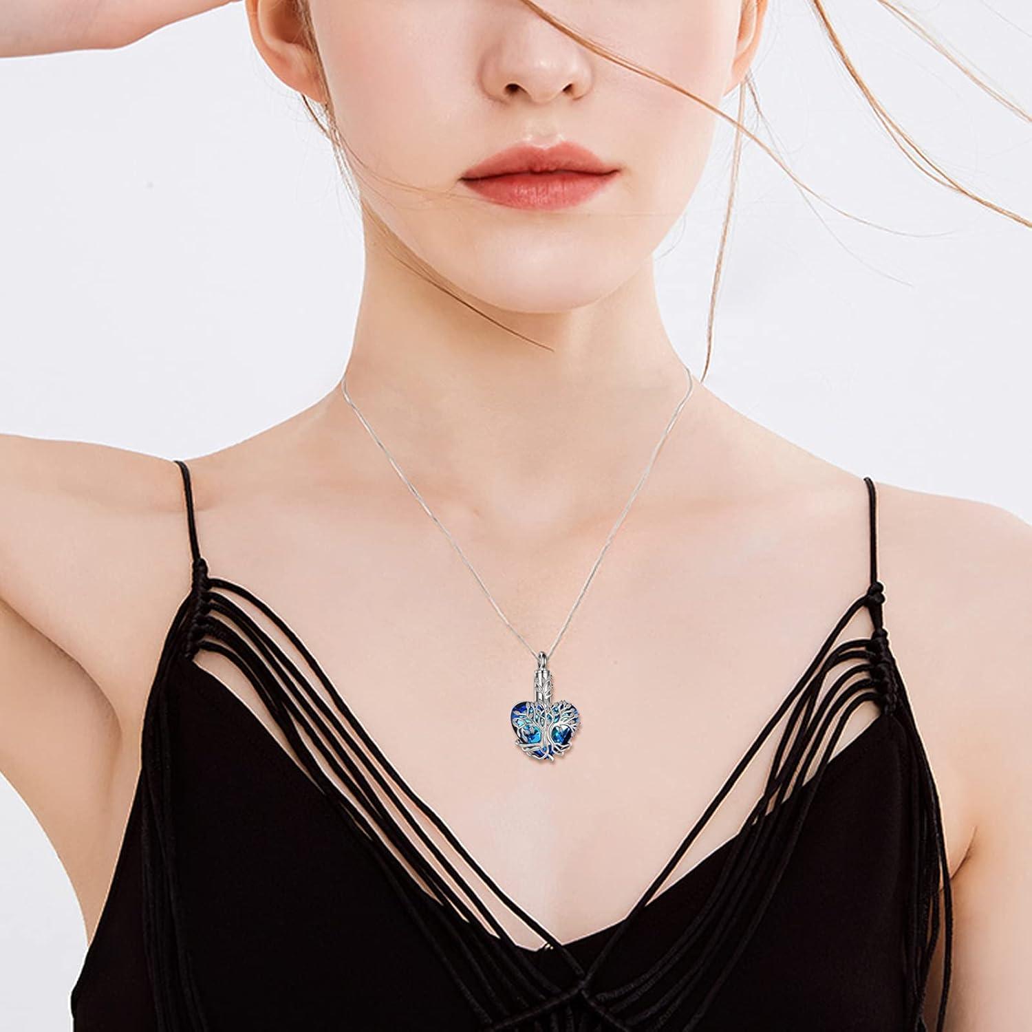 image:imageYFN Tree of Life Urn Necklace for Ashes Heart Cremation Jewelry Sterling Silver with Blue Crystal with Funnel Filler Jewelry Gifts for WomenBlueUrn Necklace for Ashes