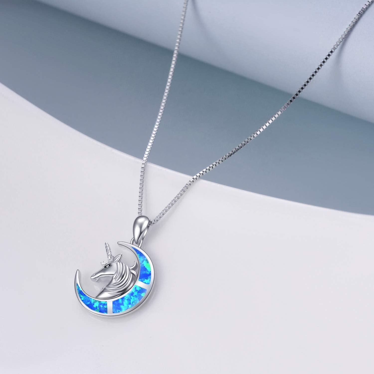 image:imageYFN Unicorn Gifts Created Opal Pendant Necklace 925 Sterling Silver Unicorn Jewelry for WomenBlue Opal Unicorn Necklace