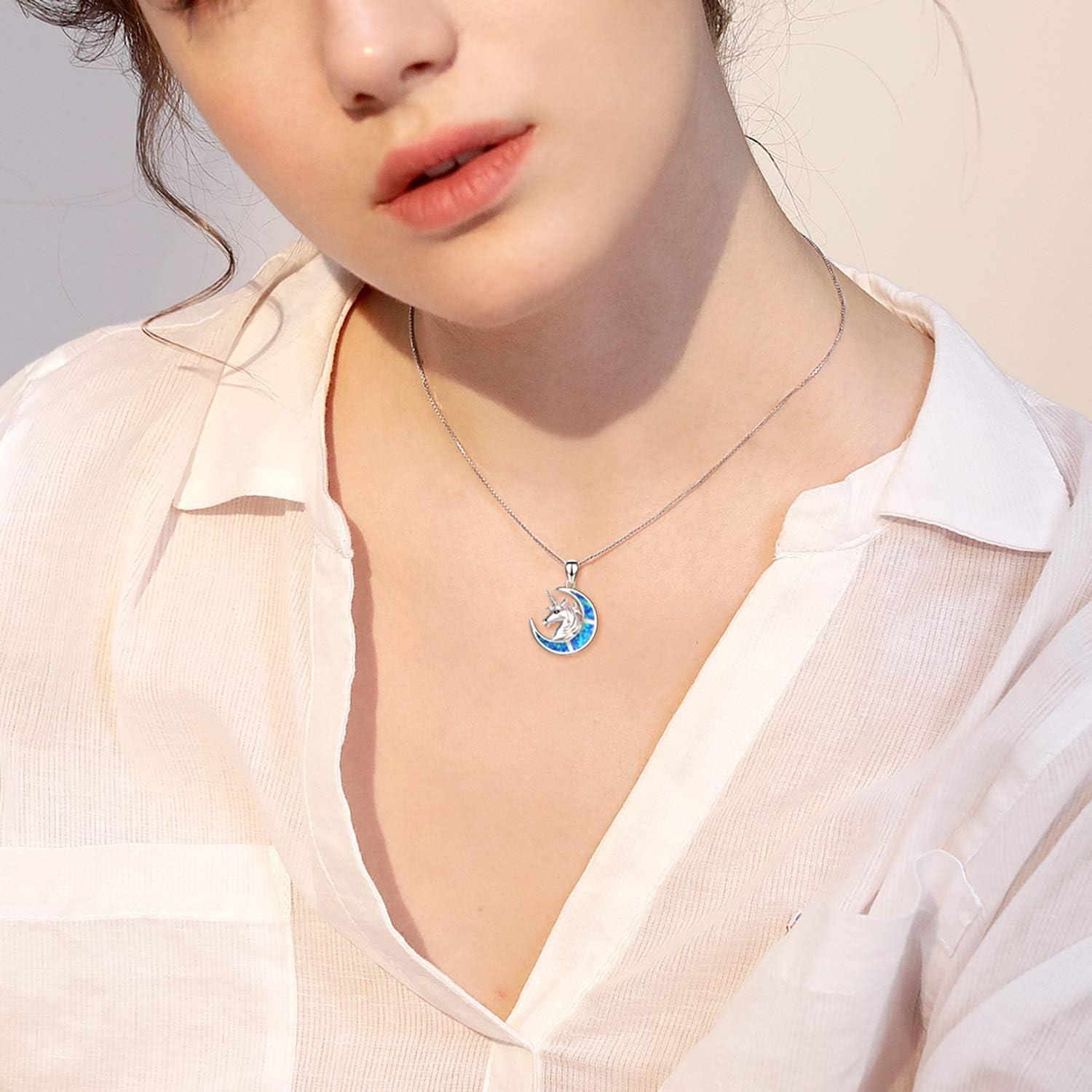 image:imageYFN Unicorn Gifts Created Opal Pendant Necklace 925 Sterling Silver Unicorn Jewelry for WomenBlue Opal Unicorn Necklace