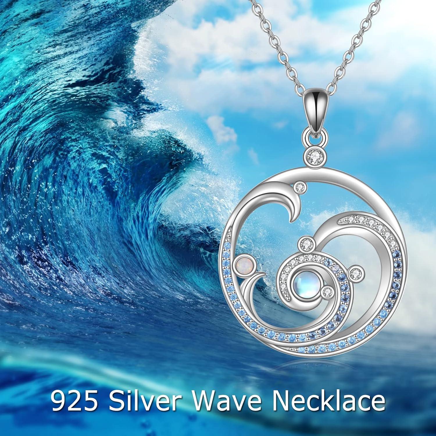 image:imageYFN Wave Necklace Sterling Silver Ocean Wave Pendant Necklace Beach Jewelry for Women GiftsMoonstone Wave