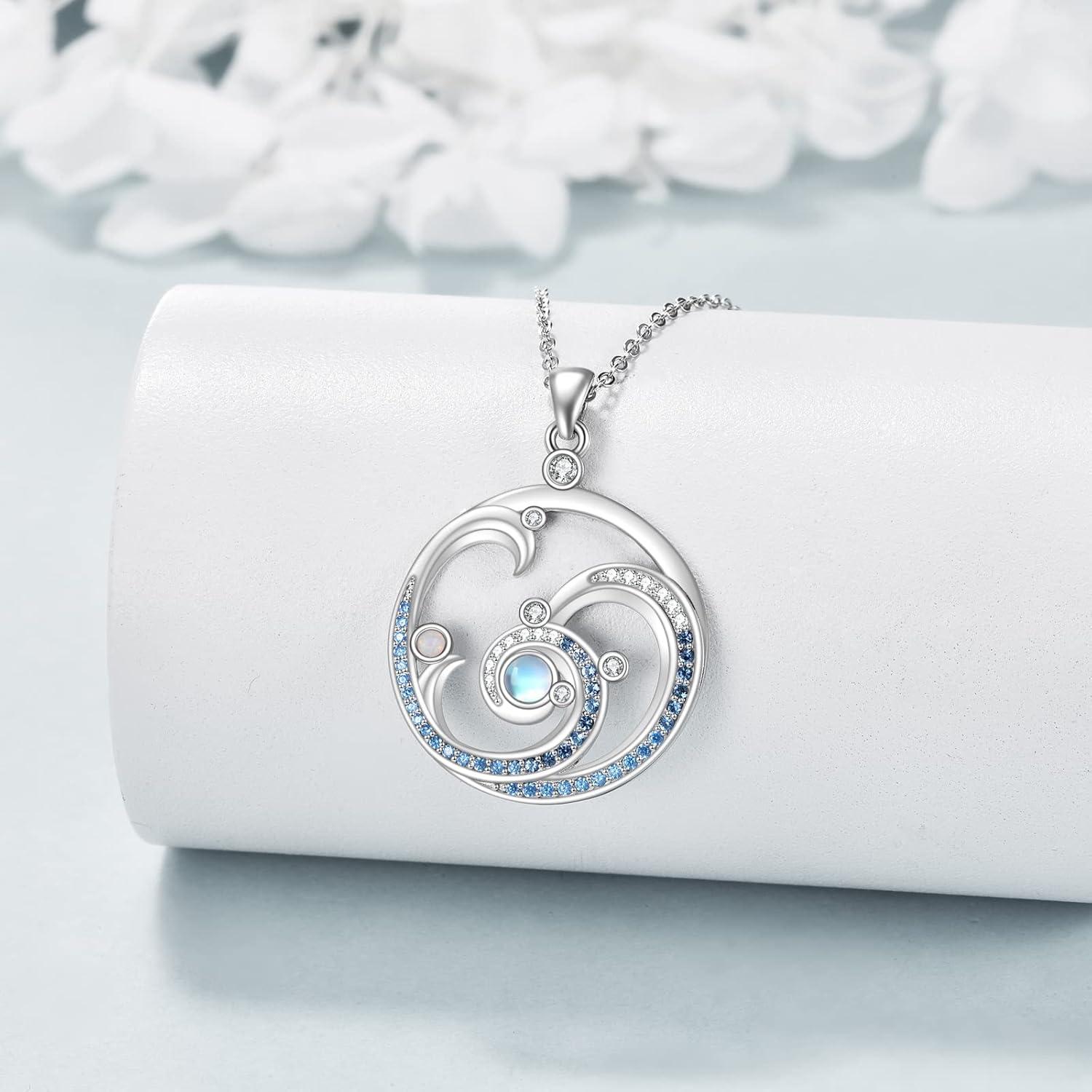 image:imageYFN Wave Necklace Sterling Silver Ocean Wave Pendant Necklace Beach Jewelry for Women GiftsMoonstone Wave