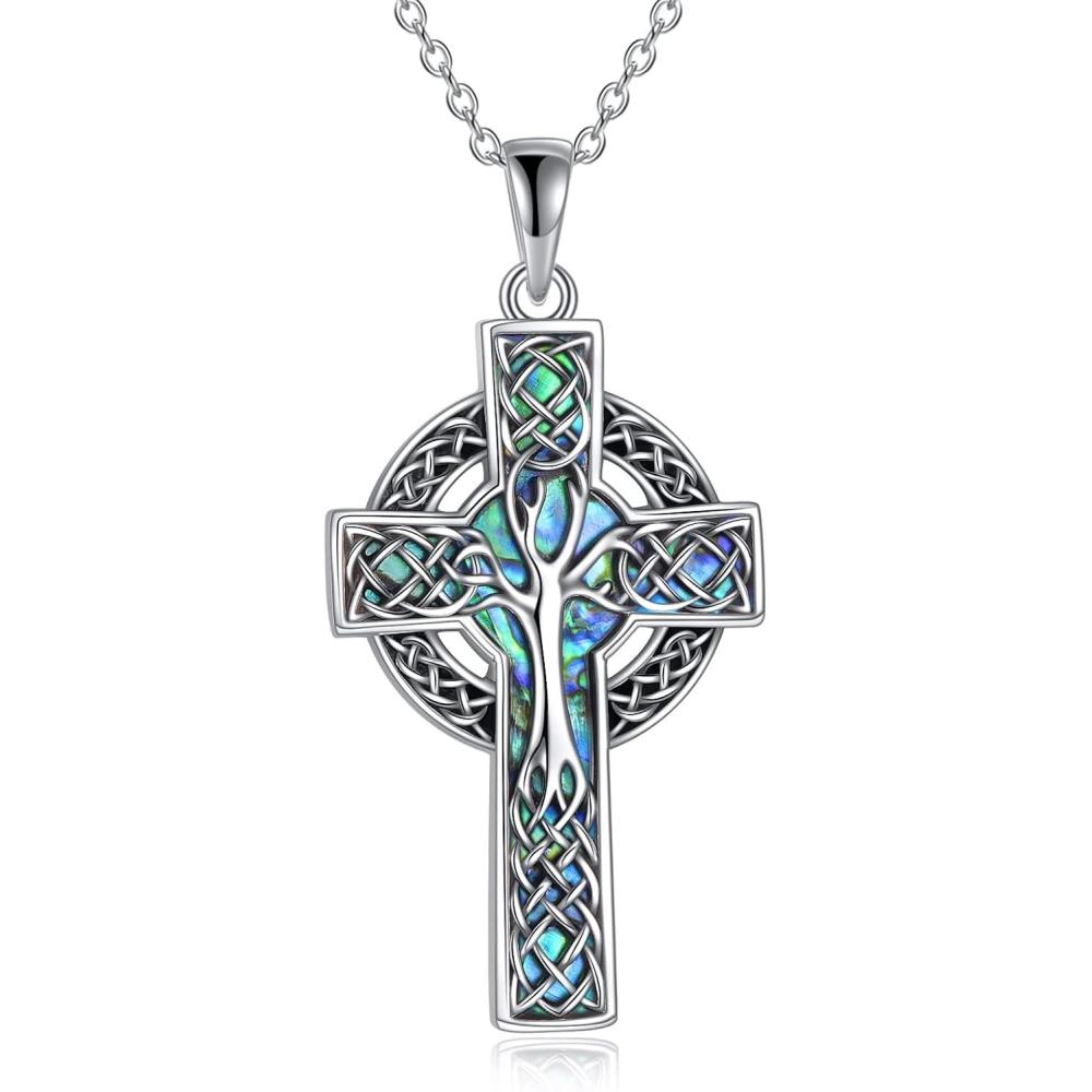 image:imageYFN Celtic Cross Necklace Sterling Silver Celtic Tree of Life Pendant Abalone Shell Cross Jewelry Gifts for Women Men
