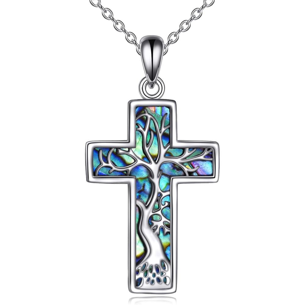 image:imageYFN Cross Necklace 925 Sterling Silver Celtic Knot Cross Infinity Heart Love Pendant Necklace 18Abalone Shell Tree of Life Necklace