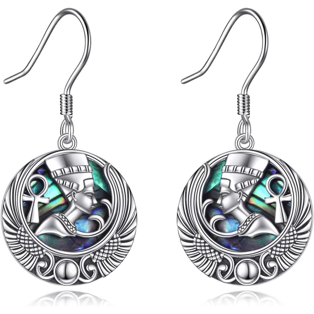 image:imageYFN Egyptian Earrings Sterling Silver Egypt God Dangle Drop Earrings Abalone Shell Egypt Jewelry Gifts for Women GirlsNefertiti