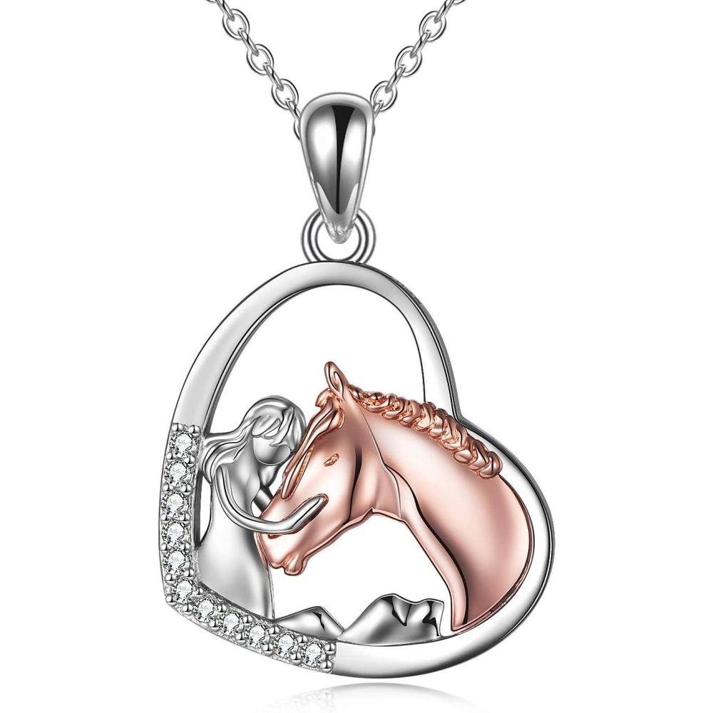 image:imageYFN Horse Pendant Necklace Jewelry 925 Sterling Silver Women Embrace Horse Gift for WomenA Rose Horse with Women Necklace