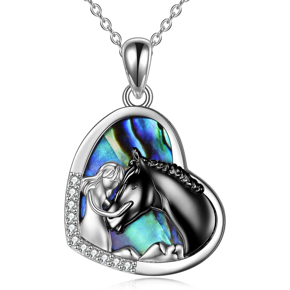 image:imageYFN Horse Pendant Necklace Jewelry 925 Sterling Silver Women Embrace Horse Gift for WomenBlack Horse with Abalone Shell Necklace