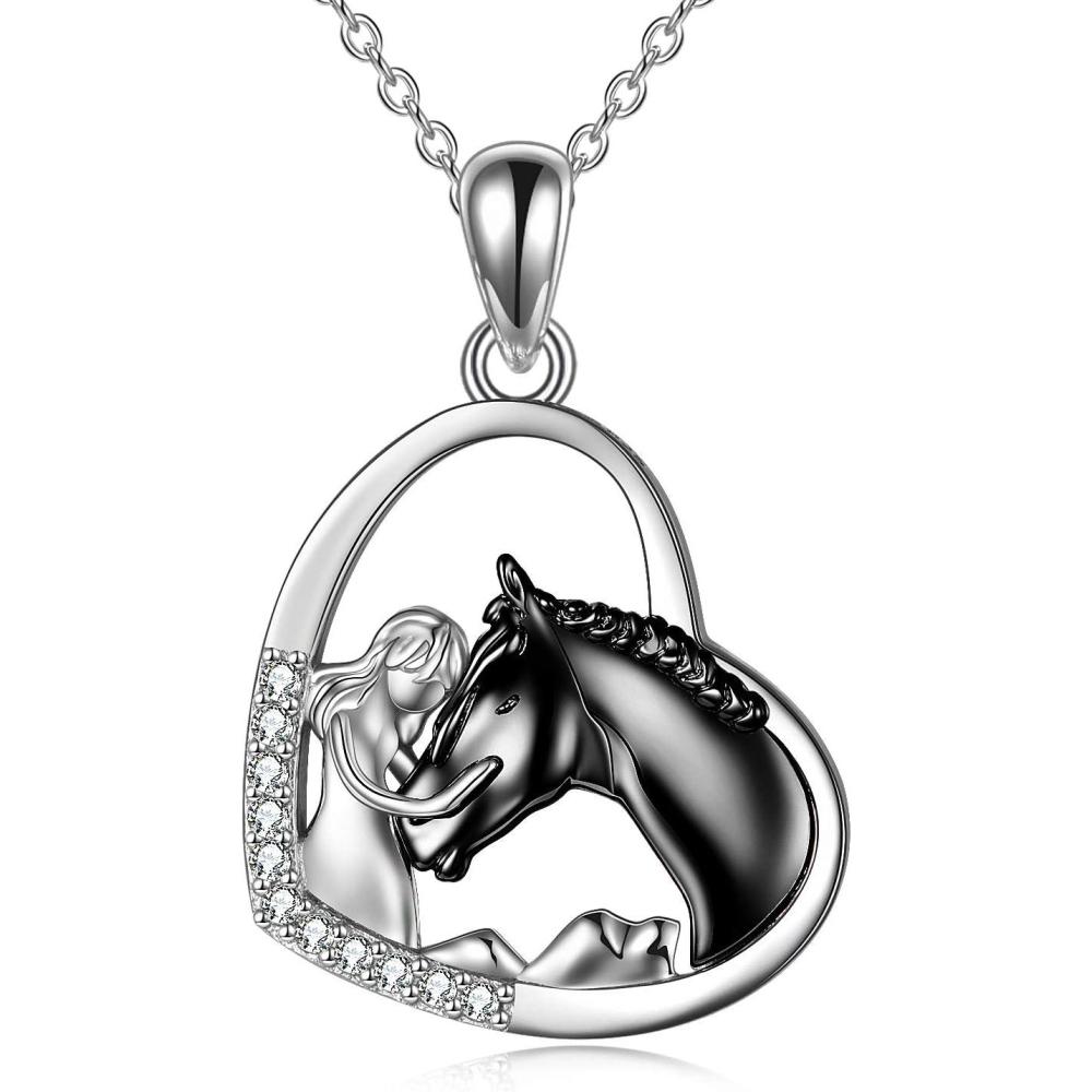 image:imageYFN Horse Pendant Necklace Jewelry 925 Sterling Silver Women Embrace Horse Gift for WomenBlack Horse with Women Necklace