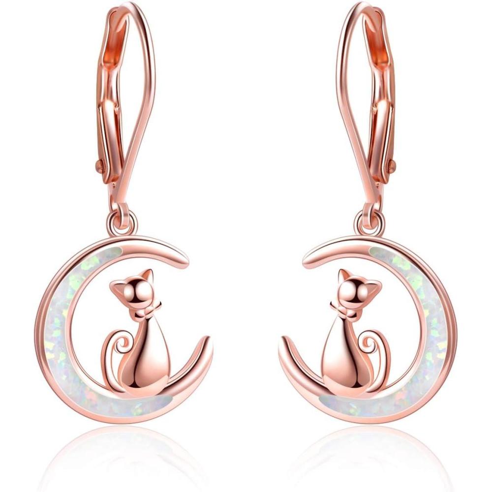 image:imageYFN Rose Cat Moon Opal Earrings Sterling Silver Cat Lovers Gift Drop Dangle Earrings for Women