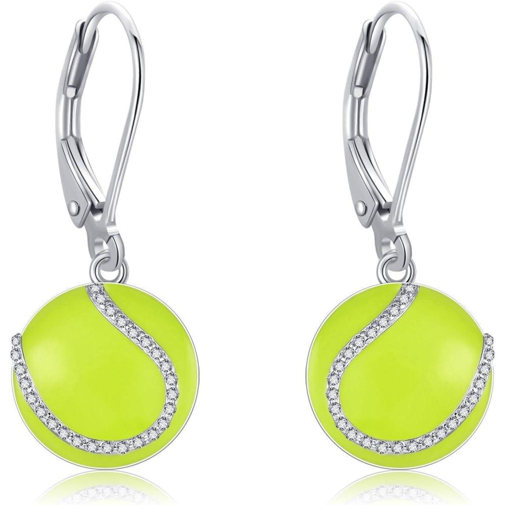 image:imageYFN Sports Jewelry Earrings 925 Sterling Silver Baseball Softball Basketball Rugby Football Tennis Volleyball Earrings for Women and Sports Fans Giftsgreen tennis