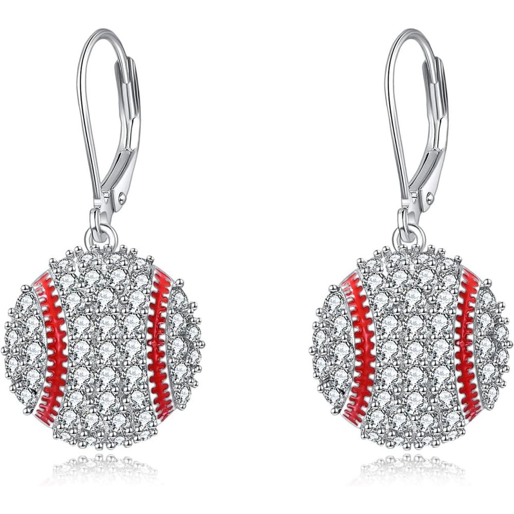 image:imageYFN Sports Jewelry Earrings 925 Sterling Silver Baseball Softball Basketball Rugby Football Tennis Volleyball Earrings for Women and Sports Fans Giftswhite red baseball