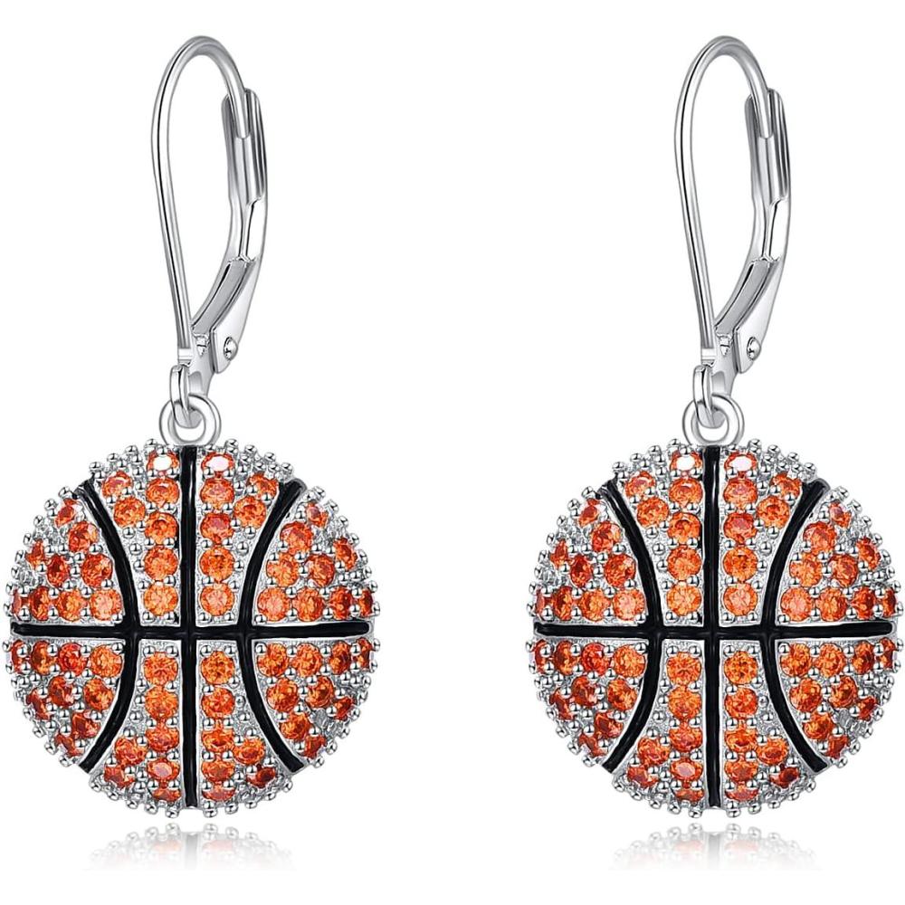 image:imageYFN Sports Jewelry Earrings 925 Sterling Silver Baseball Softball Basketball Rugby Football Tennis Volleyball Earrings for Women and Sports Fans Giftsorange basketball