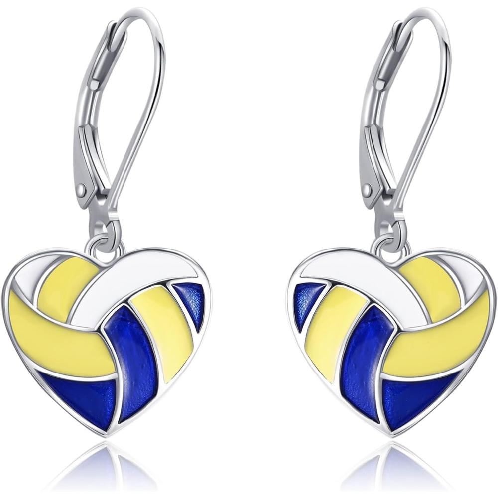 image:imageYFN Sports Jewelry Earrings 925 Sterling Silver Baseball Softball Basketball Rugby Football Tennis Volleyball Earrings for Women and Sports Fans Giftstricolor volleyball