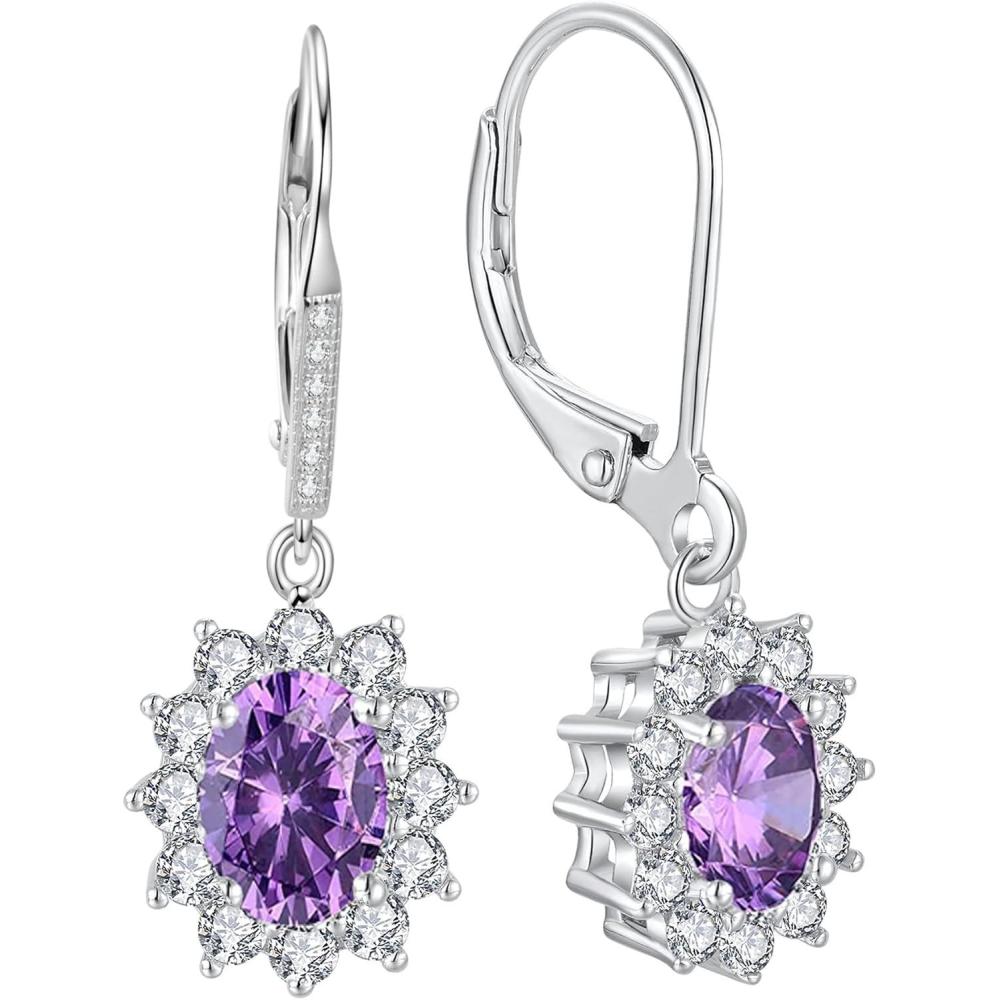 image:imageYFN Sterling Silver Created Oval Cut Birthstone Drop Dangle Women Leverback Earrings Gifts for Women MomAmethystpurple earrings for women