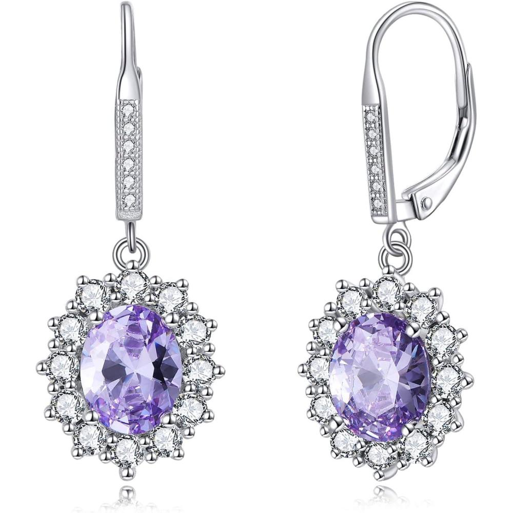 image:imageYFN Sterling Silver Created Oval Cut Birthstone Drop Dangle Women Leverback Earrings Gifts for Women MomJune Birthstone Earring for Women