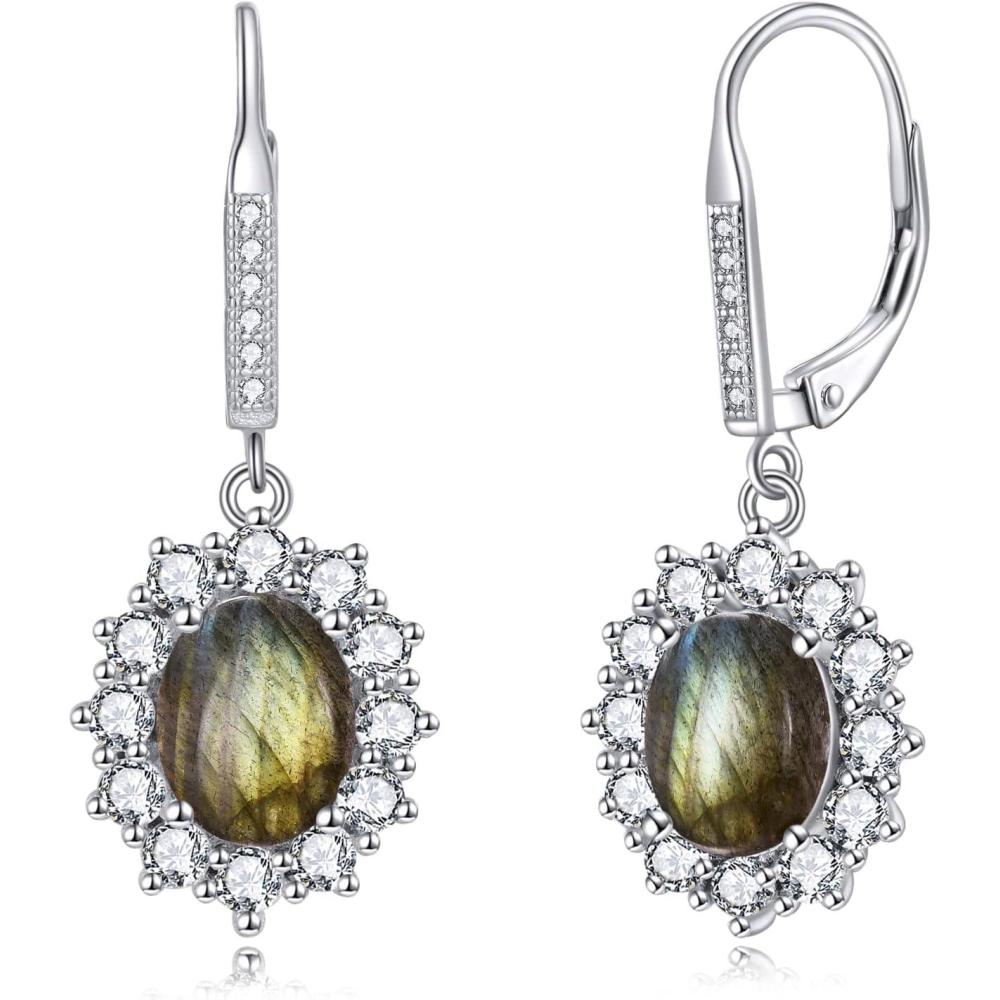 image:imageYFN Sterling Silver Created Oval Cut Birthstone Drop Dangle Women Leverback Earrings Gifts for Women MomLabradorite Earrings