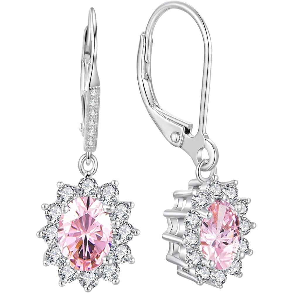 image:imageYFN Sterling Silver Created Oval Cut Birthstone Drop Dangle Women Leverback Earrings Gifts for Women MomPink Earrings for Women