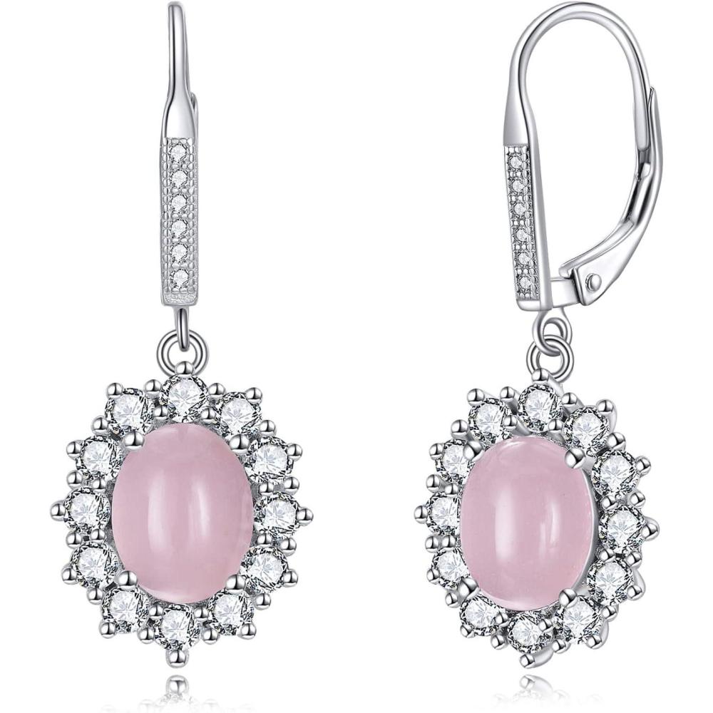 image:imageYFN Sterling Silver Created Oval Cut Birthstone Drop Dangle Women Leverback Earrings Gifts for Women MomRose Quartz Earrings