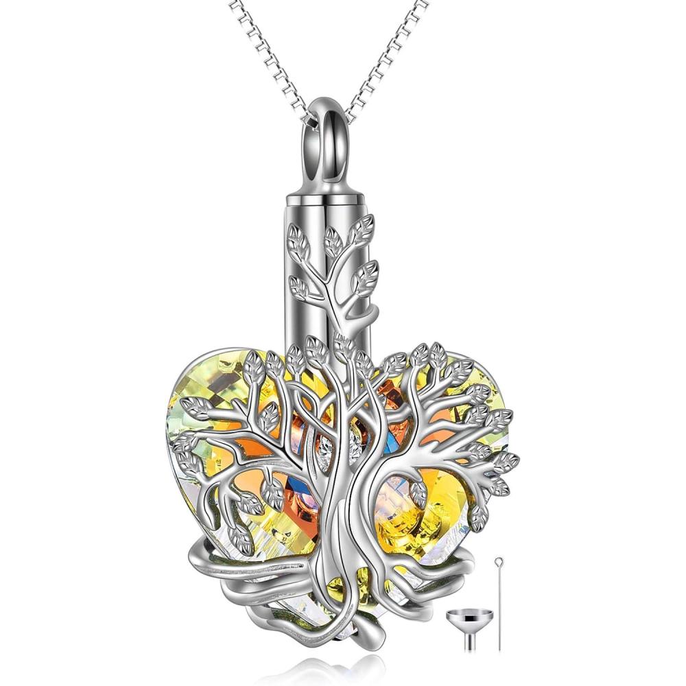 image:imageYFN Tree of Life Urn Necklace for Ashes Heart Cremation Jewelry Sterling Silver with Blue Crystal with Funnel Filler Jewelry Gifts for WomenAB CrystalUrn Necklace for Women