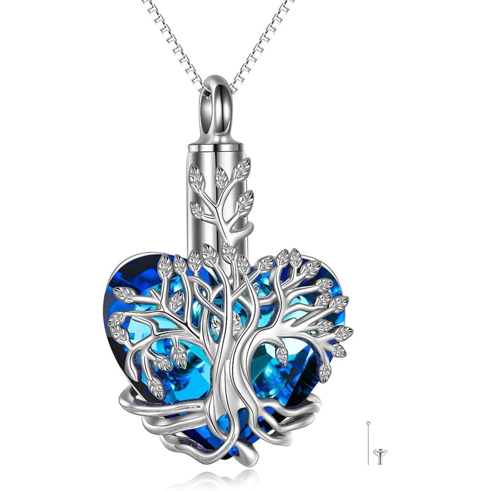 image:imageYFN Tree of Life Urn Necklace for Ashes Heart Cremation Jewelry Sterling Silver with Blue Crystal with Funnel Filler Jewelry Gifts for WomenBlueUrn Necklace for Ashes