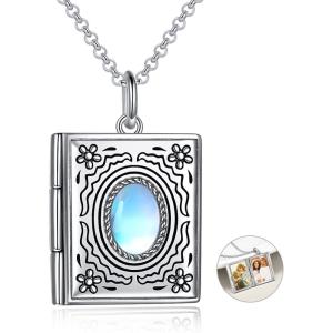 Photo Locket Necklace 925 Sterling Silver Book Necklace that Holds Pictures Birthday Gifts for Women Mom(Book with Moonstone)