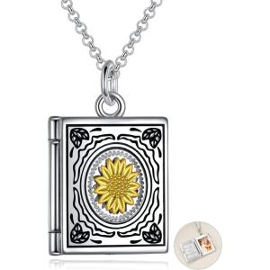 Photo Locket Necklace 925 Sterling Silver Book Necklace that Holds Pictures Birthday Gifts for Women Mom(Book with Sunflower)