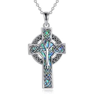 YFN Celtic Cross Necklace Sterling Silver Celtic Tree of Life Pendant Abalone Shell Cross Jewelry Gifts for Women Men