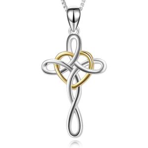 YFN Cross Necklace 925 Sterling Silver Celtic Knot Cross Infinity Heart Love Pendant Necklace 18″(God Heart Cross Necklace)