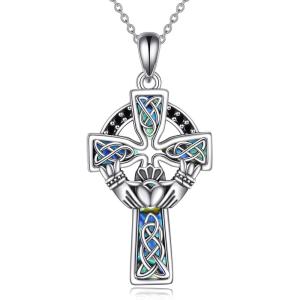 YFN Cross Necklace 925 Sterling Silver Celtic Knot Cross Infinity Heart Love Pendant Necklace 18″(Silver-Celtic Cross Claddagh Necklace)
