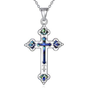 YFN Cross Necklace 925 Sterling Silver Celtic Knot Cross Infinity Heart Love Pendant Necklace 18″(Silver-Cross Necklace with Abalone)