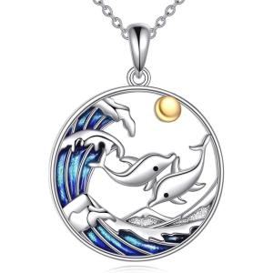 YFN Dolphin Necklace 925 Sterling Silver Mothers Day Gifts for Women(Dolphin Necklace with Ocean)