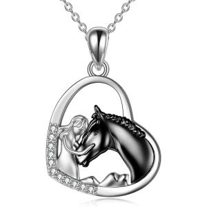 YFN Horse Pendant Necklace Jewelry 925 Sterling Silver Women Embrace Horse Gift for Women(Black Horse with Women Necklace)