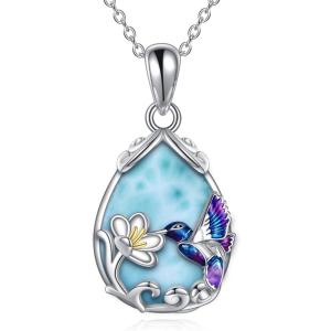 YFN Hummingbird Necklace for Women S925 Sterling Silver Blue Purple Hummingbird Pendant Necklace Hummingbirds Flower Jewelry Charm Memorial Mothers Day Gifts(Silver-Hummingbird Necklace with Larimar)