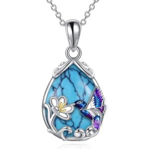 YFN Hummingbird Necklace for Women S925 Sterling Silver Blue Purple Hummingbird Pendant Necklace Hummingbirds Flower Jewelry Charm Memorial Mothers Day Gifts(Silver-Hummingbird Necklace with Turquoise)