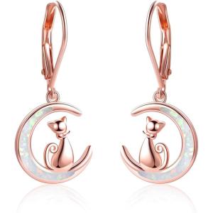 YFN Rose Cat Moon Opal Earrings Sterling Silver Cat Lovers Gift Drop Dangle Earrings for Women