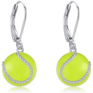 YFN Sports Jewelry Earrings 925 Sterling Silver Baseball Softball Basketball Rugby Football Tennis Volleyball Earrings for Women and Sports Fans Gifts(green tennis)