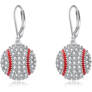 YFN Sports Jewelry Earrings 925 Sterling Silver Baseball Softball Basketball Rugby Football Tennis Volleyball Earrings for Women and Sports Fans Gifts(white red baseball)