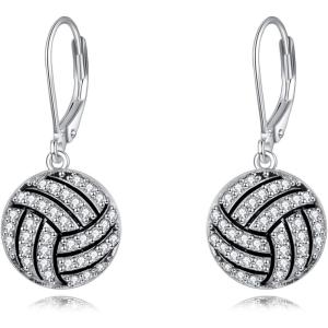 YFN Sports Jewelry Earrings 925 Sterling Silver Baseball Softball Basketball Rugby Football Tennis Volleyball Earrings for Women and Sports Fans Gifts(white volleyball)