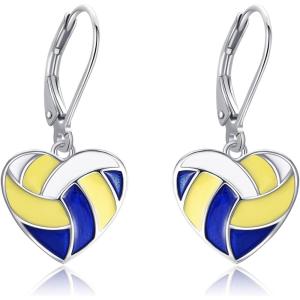 YFN Sports Jewelry Earrings 925 Sterling Silver Baseball Softball Basketball Rugby Football Tennis Volleyball Earrings for Women and Sports Fans Gifts(tricolor volleyball)