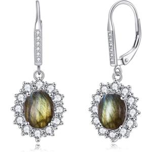 YFN Sterling Silver Created Oval Cut Birthstone Drop Dangle Women Leverback Earrings Gifts for Women Mom(Labradorite Earrings)