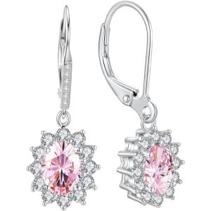 YFN Sterling Silver Created Oval Cut Birthstone Drop Dangle Women Leverback Earrings Gifts for Women Mom(Pink Earrings for Women)
