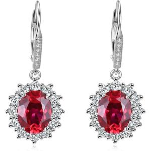 YFN Sterling Silver Created Oval Cut Birthstone Drop Dangle Women Leverback Earrings Gifts for Women Mom(Rubby Red)