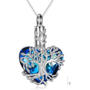 YFN Tree of Life Urn Necklace for Ashes Heart Cremation Jewelry Sterling Silver with Blue Crystal with Funnel Filler Jewelry Gifts for Women(Blue-Urn Necklace for Ashes)