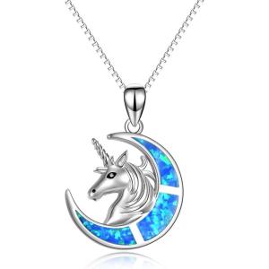YFN Unicorn Gifts Created Opal Pendant Necklace 925 Sterling Silver Unicorn Jewelry for Women(Blue Opal Unicorn Necklace)