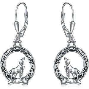 YFN Viking Wolf Dangle Drop Earrings Sterling Silver Norse Celtic Wolf Moon Earrings for Women(Wolf Earrings)