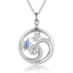 YFN Wave Necklace Sterling Silver Ocean Wave Pendant Necklace Beach Jewelry for Women Gifts(Turtle wave)