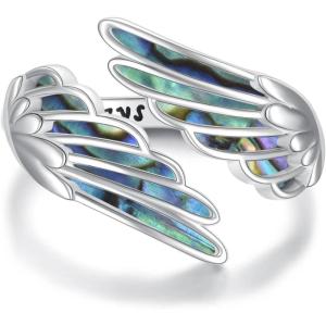 YFN Wing Ring Sterling Silver Angel Wing Adjustable Ring Size 7 Abalone Always With You Jewelry Gifts for Women