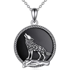 YFN Wolf Necklace Gifts for Men Women Sterling Silver Opal Moon Wolfs Jewelry Birthday 18+2″(Black Wolf Necklace)