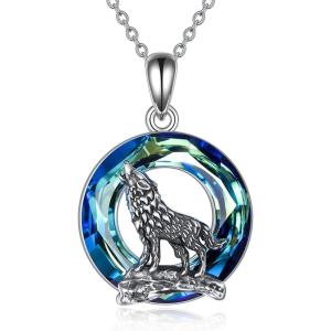 YFN Wolf Necklace Gifts for Men Women Sterling Silver Opal Moon Wolfs Jewelry Birthday 18+2″(Wolf Necklace with Crystal)